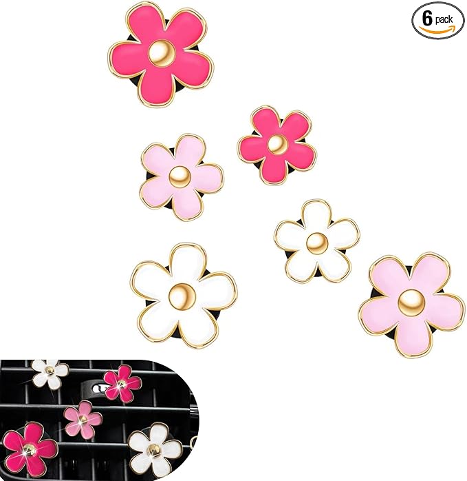 6PCS Car Air Vent Clips, Colorful Daisy Flower Auto Air Conditioning Outlet Clip, Cute Car Clip Interior Air Vent Decoration, Universal Girly Cars Interior Accessory for Women(Red Pink White)