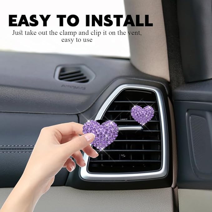 4PCS Bling Heart Air Vent Clips, Car Air Freshener for Women, Air Fresheners Diffuser Clip Charm, Car Air Conditioning Outlet Clip Decorative Accessory for Women Girls (Purple, Style1)