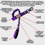 Heavy Duty Bungee Dog Leash - Shock Absorbing, Seat Belt Clip, Quick Release Frog Clasp, Double Padded Handles, for Large and Medium Dogs, Durable for Training, Walking, Car Safety, Outdoor Adventure