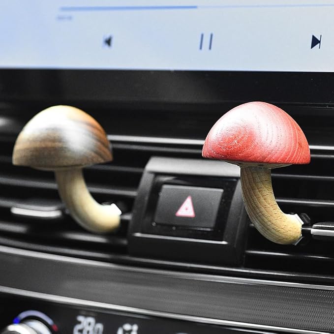 JSCARLIFE Natural Wood Mushroom Car Air Freshener for Air Vent - Premium Ash Wood & Black Walnut, Natural Scents (Lemon/Lavender/Vanilla), 2PCS Set - Chemical-Free, Long-Lasting Fragrance