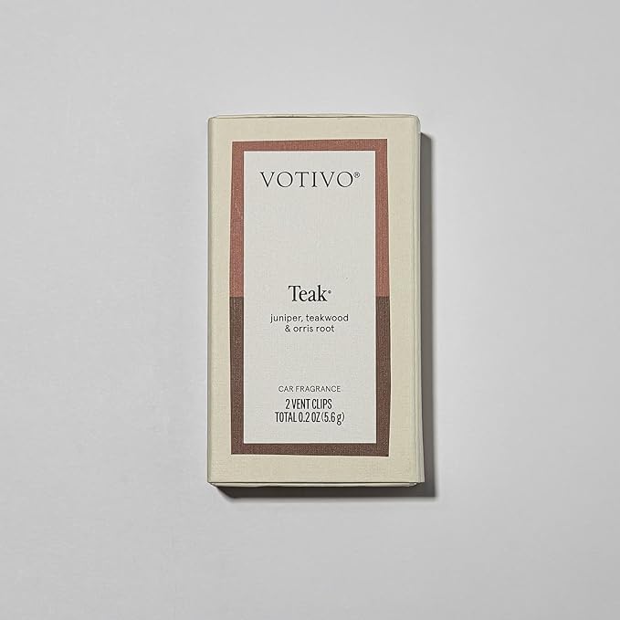 Votivo Teak Car Fragrance 2-Pack | Auto Vent Clip Car Fresheners | Woody Outdoors Scent for Vehicle | Provides Long Lasting Premium Scent for Auto