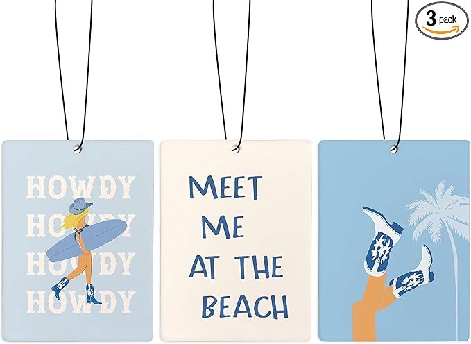 Cute Blue Coastal Cowgirl Car Air Freshener, Preppy Blue Coastal Summer Beach Air Freshener Hanging 3 Pcs for Cars Closet Drawer or Books, Western Beach Car Accessories Mirror Decor for Women