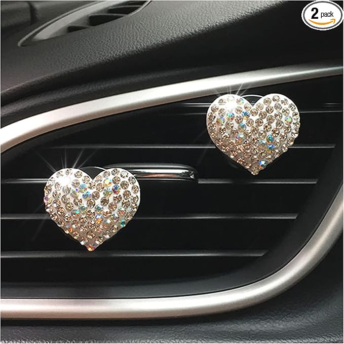 Crystal Heart Air Vent Clip Charms, 2Pcs Car Air Fresheners, Rhinestone Oil Diffuser Conditioning Outlet Clip, Bling Interior Decoration Accessories for Girls Women Style A