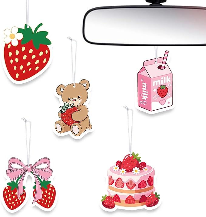 Strawberry Car Air Fresheners,5-Pack Candy Scents Cute Car Accessories,Funny Hanging Ornament Decor for Rearview Mirror,Long-Lasting Fresh Gifts for Women,Girls,Coworkers,Teacher & Nurse