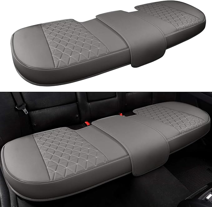 Black Panther Luxury PU Leather Rear Car Seat Cover Adjustable Length (49-55'') Back Bench Seat Protector Fits 90% Standard Two-seat Rear Row, for Seat Bottom Only, Triangle Quilted Design, Gray