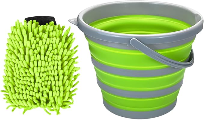 Collapsible Bucket with 3-in-1 Car Wash Mitt, Multiuse 10L Portable Plastic Bucket with Handle, Coral Velvet & Chenille Wash Mitt, Car Cleaning Kit for Vehicle, Household