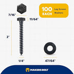 1/4 x 2 (100 Pack) Lag Screw Kit, 100 Screws and 100 Washers, Ceramic Black Ruspert Coating for Exterior Use, Meets ASTM A307 and ASME B18.2.1, Industrial/Commerical Grade by Makers Bolt