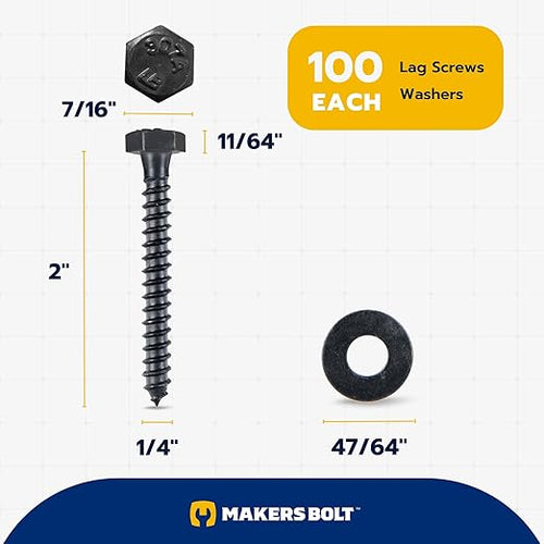 1/4 x 2 (100 Pack) Lag Screw Kit, 100 Screws and 100 Washers, Ceramic Black Ruspert Coating for Exterior Use, Meets ASTM A307 and ASME B18.2.1, Industrial/Commerical Grade by Makers Bolt