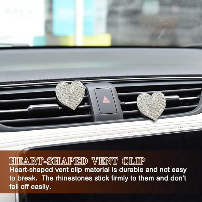 2PCS Heart-Shaped Car Vent Clip with Rhinestone, Car Vent Accessory, Bling Heart Charm Air Conditioning Outlet Clip, Auto Diffuser Air Freshener Charm for Women Girls (White, Heart)