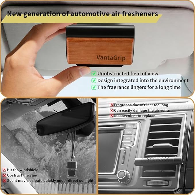 Car Air Freshener - The Original Wood Air Freshener - Car Odor Eliminator - Long Lasting Scent - Auto Accessories - Metal Clip - Essential Oils - Clean Ingredients - Amber Scent Starter Kit