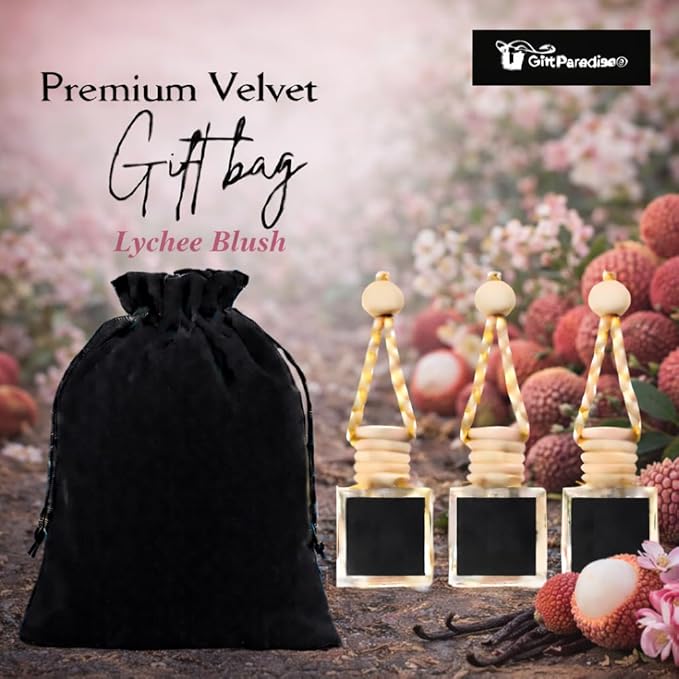 Lychee Blush (blossom) Car Freshener Set of 3 – Premium Velvet gift bag Diffusers – Long Lasting Exotic Fruity Floral Scent for Cars, Closets & Small Spaces