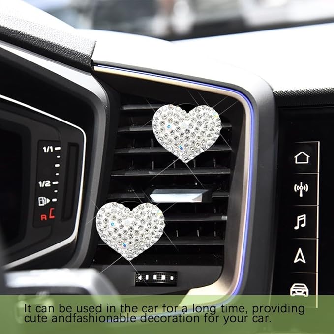 2PCS Bling Heart Air Vent Clips, Heart Car Accessories, Bling Heart Charm Air Conditioning Outlet Clip, Car Interior Decor Air Fresheners Vent Clips Universal Fit for Women and Girls (White)