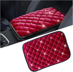Mandark Bling Car Center Console Cover, Crystal Rhinestone Fluffy Automotive Armrest Seat Box Cushion Pad, Soft Comfortable Diamond Arm Rest Protection Mat, Universal Vehicle Accessories (Red)