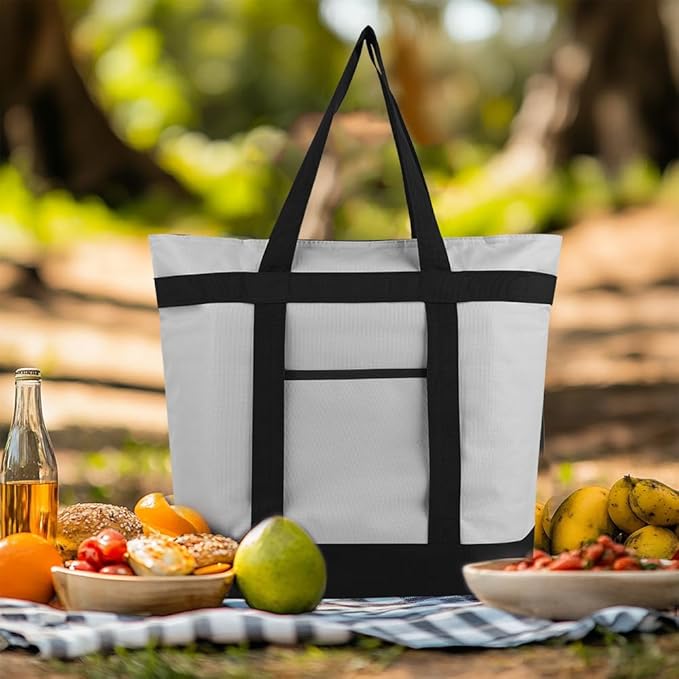 mosago 2PK Insulated Grocery Tote Bags, Large 39L Reusable Cooler Bags with Zipper, Leak-Resistant Thermal Shopping Bag for Food Delivery, Beach, Travel, Picnic & Camping, Collapsible