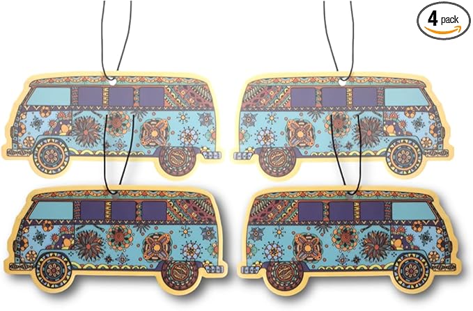 Fresh Fresheners Cute Trippy Car Air Freshener 4 Pack Scented With Premium Oils By Fresh Fresheners (Hippie Bus)