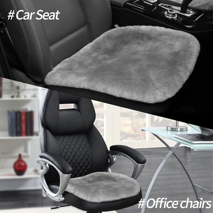 LLB Genuine Sheepskin Car Seat Cushion Seat Covers for Cars Trucks SUV Comfort Seat Protector Pad for Car Driver Seat Car Accessories for Women Office Chair Car Decor (Grey, Front Seat Cushions-2 Pcs)