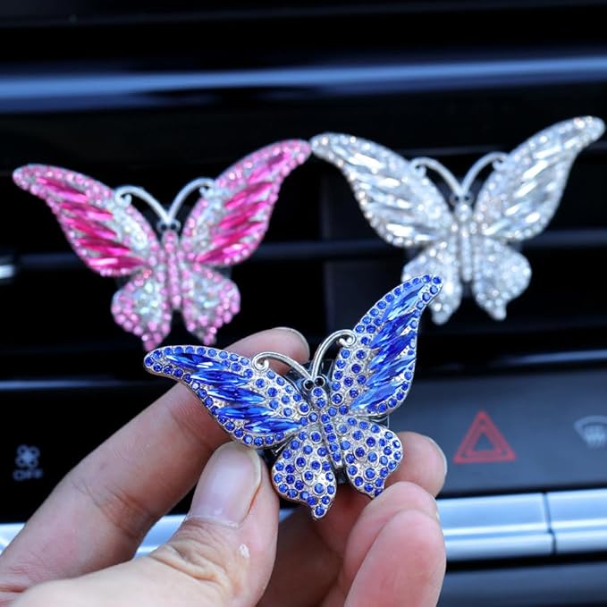 Bling Crystal Car Fragrance Butterfly Car Diffuser Air Freshener with Vent Clip (Pink)