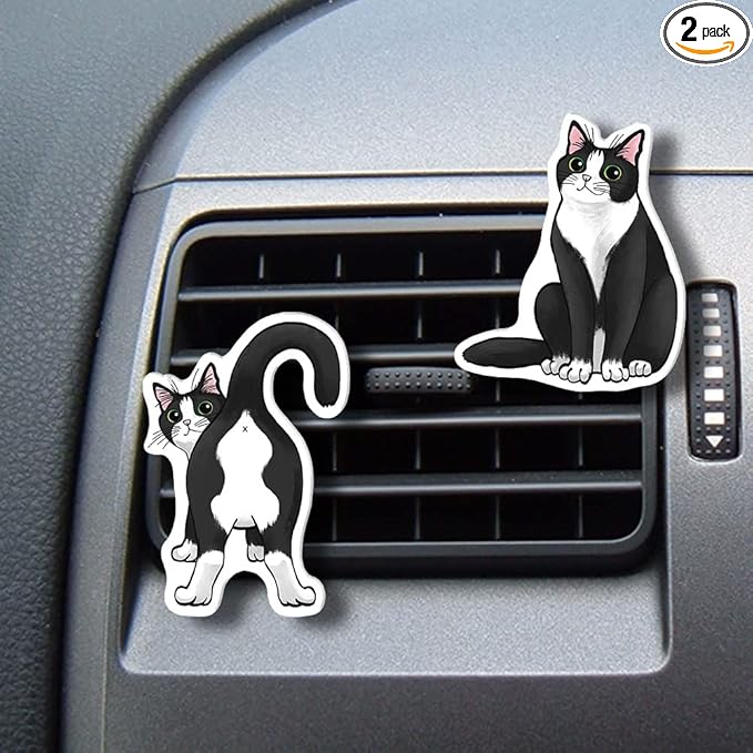 WIRESTER Set of 2 Fresh Scented Car Air Freshener Vent Clip, Decorative Accessories, Interior Decoration for Cars - Playful Tuxedo Cat (S1) & Playful Tuxedo Cat (S4)