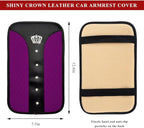 Bling Leather Car Center Console Cover, Anti-Slip Crown Armrest Seat Box Cushion Pad with Rhinestones, Waterproof Crystal Arm Rest Protector Interior Decor for Most Vehicles (Purple)
