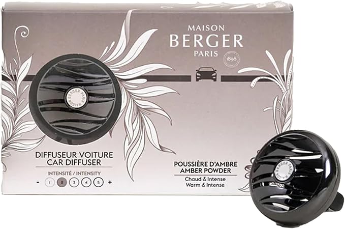 Maison Berger Car Diffuser Set – Refillable Vent Clip, Ceramic Refill, Made in France - Luxury Auto Scent - 4-Week Diffusion - Elegant Air Freshener for All Car Vents (Holly Amber Powder)