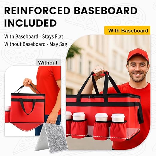 CIVJET Insulated Food Delivery Bag with 4 Cup Holder and Bottom Support, XX-Large Insulated Grocery Bags Keep Food Hot/Cold, Cooler Bags with Drink Carrier, Food Carrier Catering Bag for Events, Red