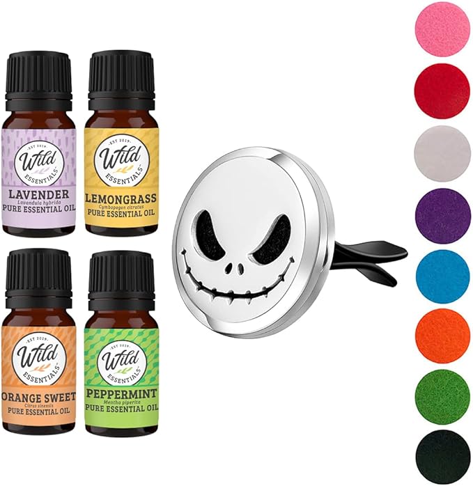 Wild Essentials Jack Skullington Essential Oil Car Vent Diffuser Kit, Lavender, Lemongrass, Peppermint, Orange Oils, Stainless Steel Locket Pendant, 8 Pads, Customizable Color Changing Air Freshener