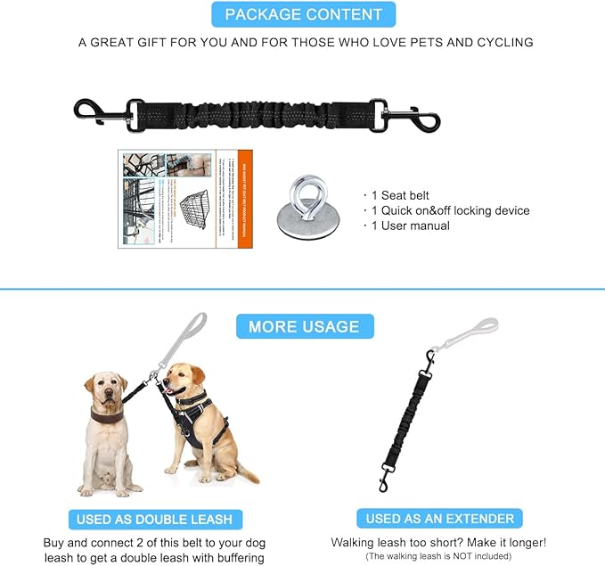 Dog Seat Belt for Bike Basket, Retractable Bicycle Dog Seatbelt, Elastic Pet Safety Leash Harness for Cat, Dog Leash Extension Attachment Shock Absorbing Lead Extension Absorber (Black)