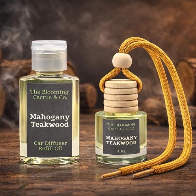 Car Air Freshener with 30ml Refill – Hanging Car Diffuser Oil, Long-Lasting Phthalate-Free Scent – Hanging Car Air Freshener + Refill. (Mahogany Teakwood, 8 ml)