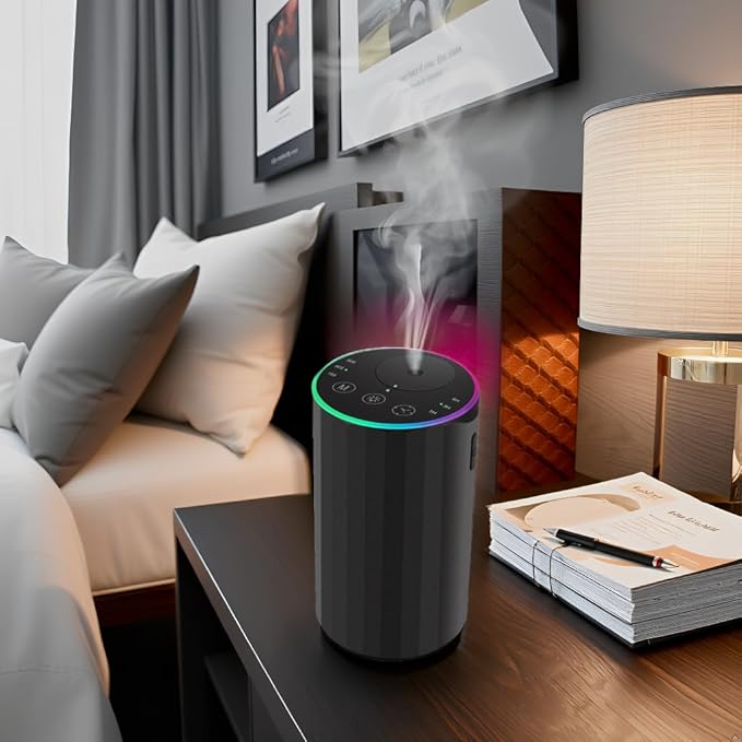 Waterless Essential Oil Diffuser, 7 Colors LED Light, Battery Powered Mini Scent Air Machine, Aromatherapy Mist Diffuser for Home Room Car Office，Black Aluminum Alloy