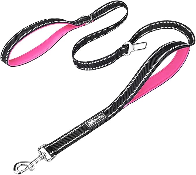 PoyPet 5 Feet Heavy Duty Dog Leash - Car Seat Belt - 2 Handles -Padded Traffic Grip for Extra Control(Pink)