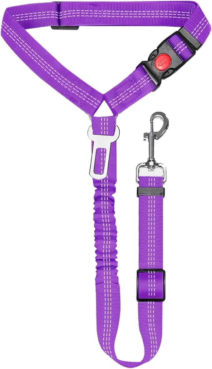 Removable Dog Seat Belt Harness for Car, 3 in 1 Pet Car Seatbelt Leash, Retractable Restraint Secures to Vehicle Headrest & Adjustable Reflective Dog Seatbelt Tether (Purple, 1pcs)