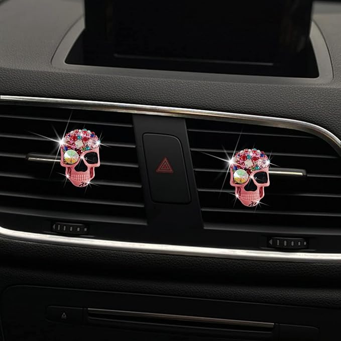 Pink Skull Air Vent Clips, 2 Pcs Bling Skeleton Car Air Fresheners Vents Clips Funny Car Diffuser Diamond Car Interior Decor Cute Car Accessories Car Decoration for Women +Sunflower Mask Hook