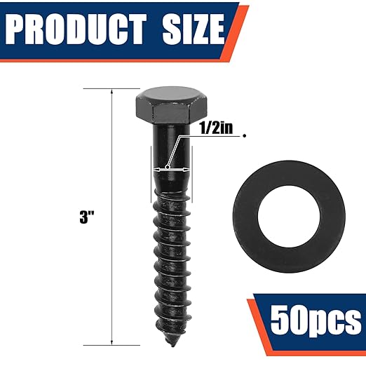 Tandefio 50 Pack 1/2''x 3'' Hex Head Lag Bolts for Wood Ceramic Black Lag Screw Kit with Washers Heavy Duty Hot Dip Galvanized Ruspert Coating Double Layer for Decks Fences