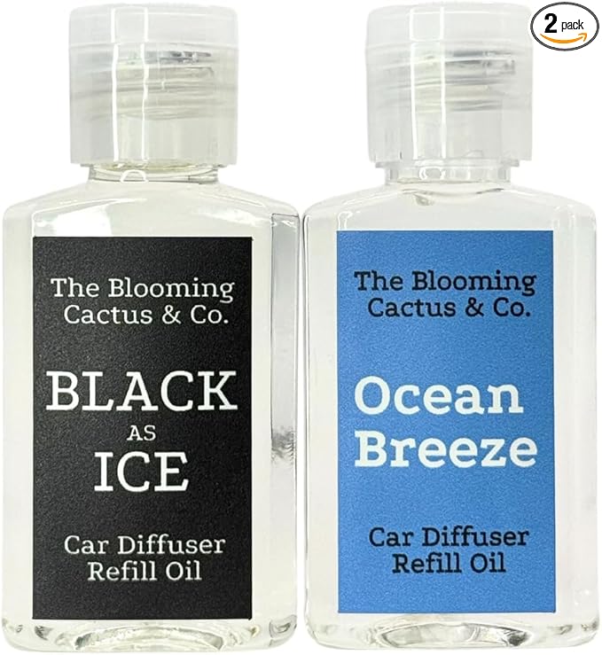 1 OZ Premium Car Diffuser Refill Oil – 2 Pack Long Lasting Fragrance Oil for Car, Home & Office | Compatible with Most Diffusers | Fresh, Pleasant Scent for Every Space (Black Ice + Ocean Breeze)
