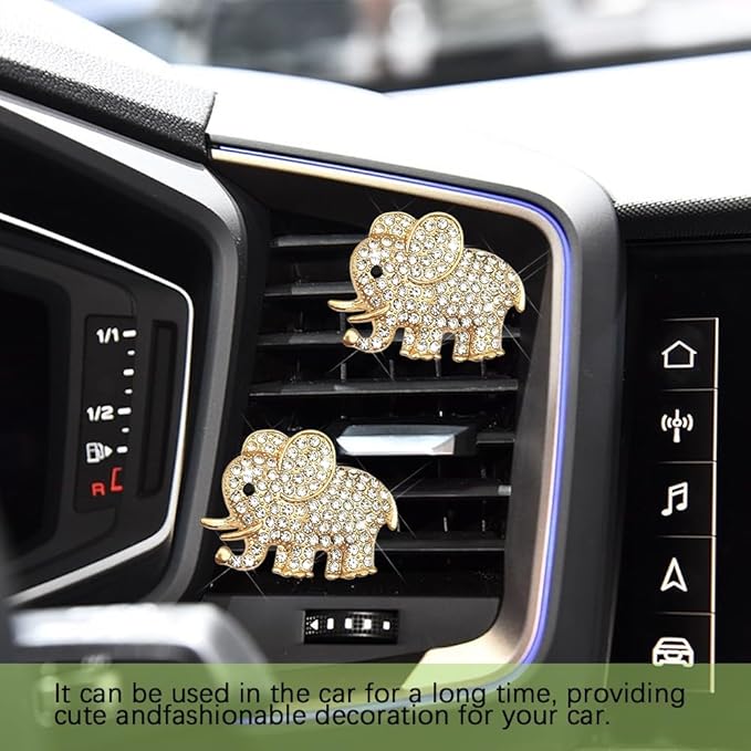 2PCS Car Air Vent Clip, Car Vent Accessories, Crystal Elephant Car Air Fresheners Vent Clips, Rhinestone Air Conditioning Outlet Clip Interior Decoration Universal for Women and Girls (Gold)