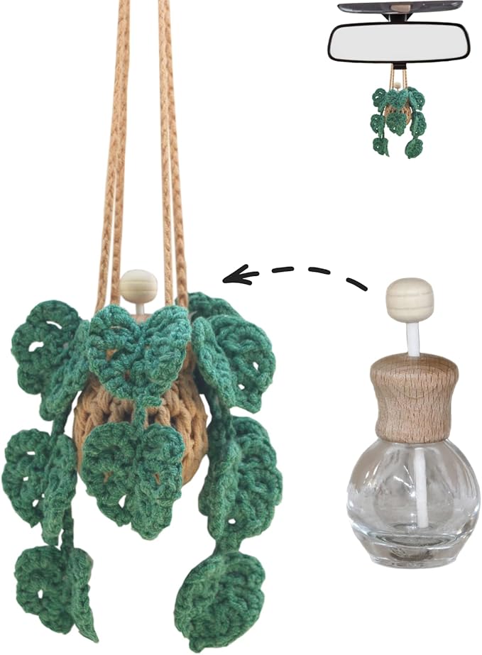 Cute Crochet Car Plant Monstera Essential Oil Diffuser Bottle - 12ml Refillable, Green Car Accessory for Mirror Decor and Home Decor