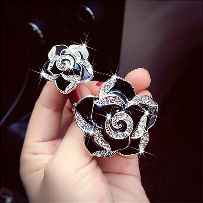 2 Pcs Camellia Air Vent Clips, Cute Flower Car Air Freshener Clip, Bling SUV Outlet Decorations, Crystal Rose Vent Diffuser, Charm Car Inter Decor Accessories for Women Girls
