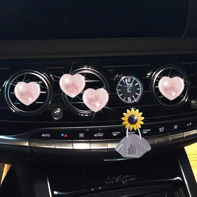 Quartz Heart Air Fresheners, 4 Pcs Pink Heart Style Vent Clips, Cute Car Decoration & Interior Decor Accessories for Women & Men + Sunflower Mask Hook