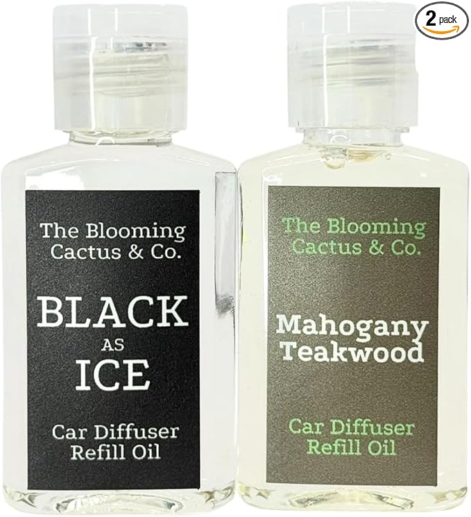 1 OZ Premium Car Diffuser Refill Oil – 2 Pack Long Lasting Fragrance Oil for Car, Home & Office | Compatible with Most Diffusers | Fresh, Pleasant Scent for Every Space (Black Ice + Mahogany Teakwood)