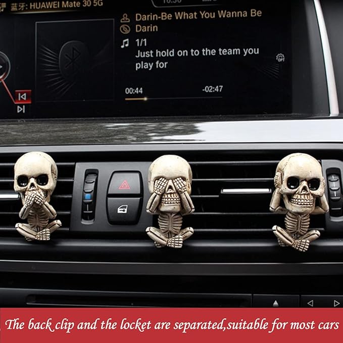 Car Air Freshener Vent Clips 3-Pack Beige Resin Skull Design Aromatherapy Diffuser