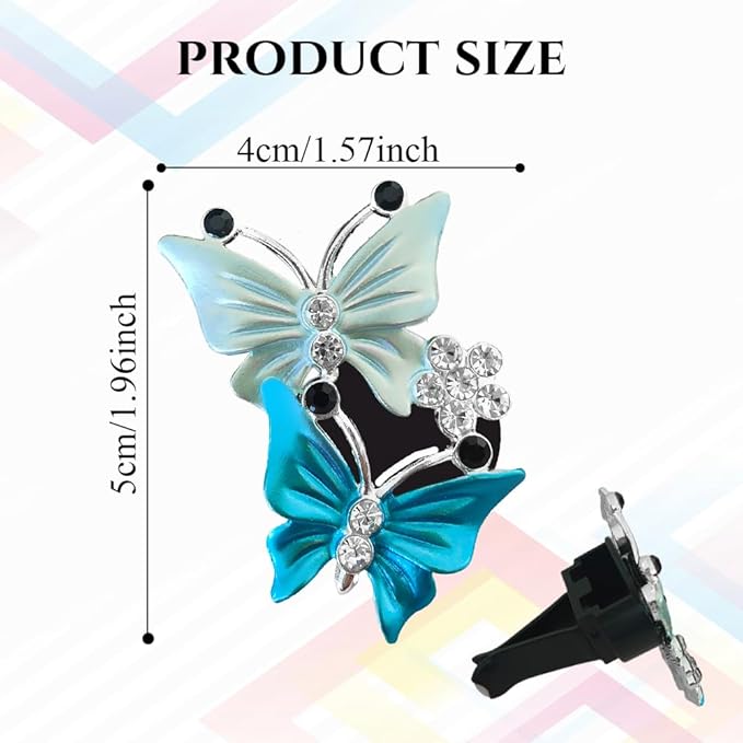 2PCS Car Air Vent Clips, Dual Butterfly Diamond Car Air Conditioner Outlet Vent Clip, Cute Car Diffuser Perfume Clip, Car Air Freshener Decor Accessories for Women Girl (Blue, Style 1)