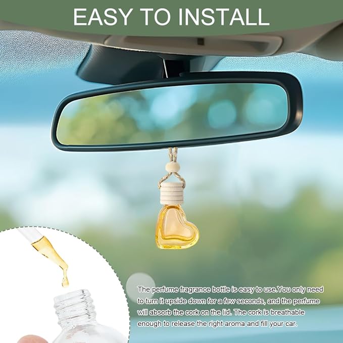 5PCS Hanging Car Air Freshener, Car Air Freshener Diffuser, 8ml Hanging Essential Oil Diffuser Bottle, Auto Interior Cute Glass Empty Perfume Bottle Ornament for Most Vehicles (Heart)