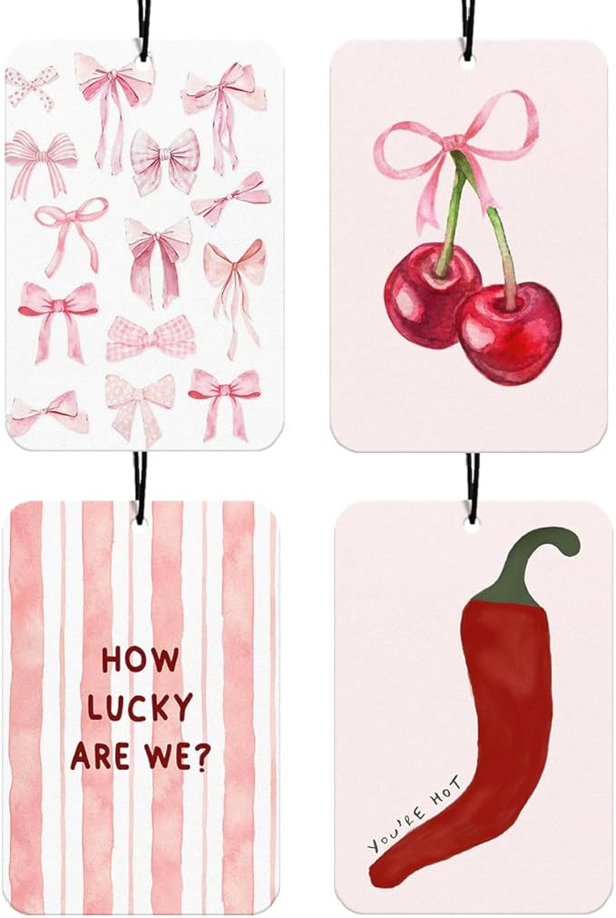 Pink Coquette Bows Car Air Freshener Hanging 4Pcs, Girly Pink Cherry Car Accessories Interior, You're Hot Chili Cherry Rearview Mirror for Cars, Cute Car Accessories Freshie for Women Girls(Vanilla)