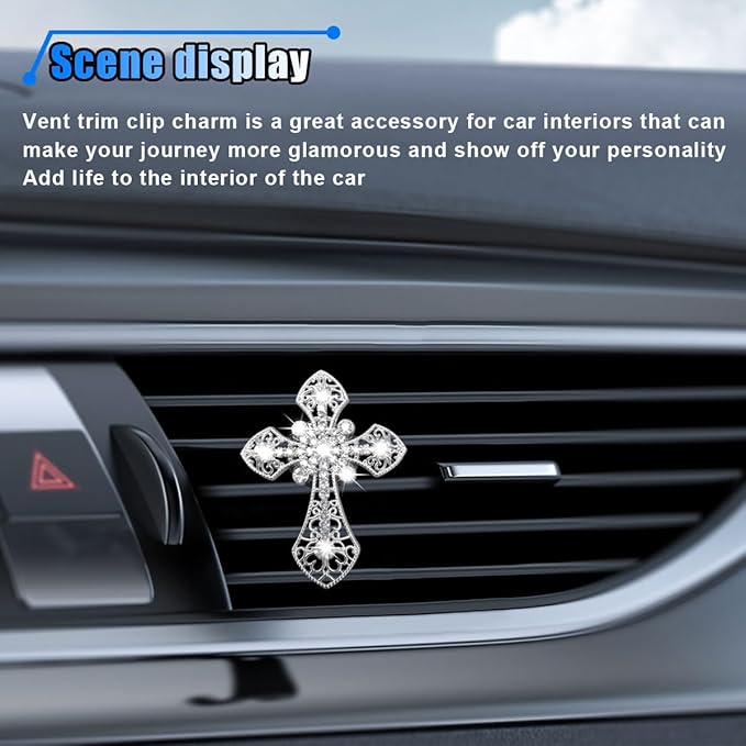 Bling Car Dashboard Air Vent Trim Clips, Crystal Rhinestone Air Vent Clips, Car Interior Decoration Accessories, Cross Air Conditioning Outlet Clip for Women Girls (Silver, 1PCS)