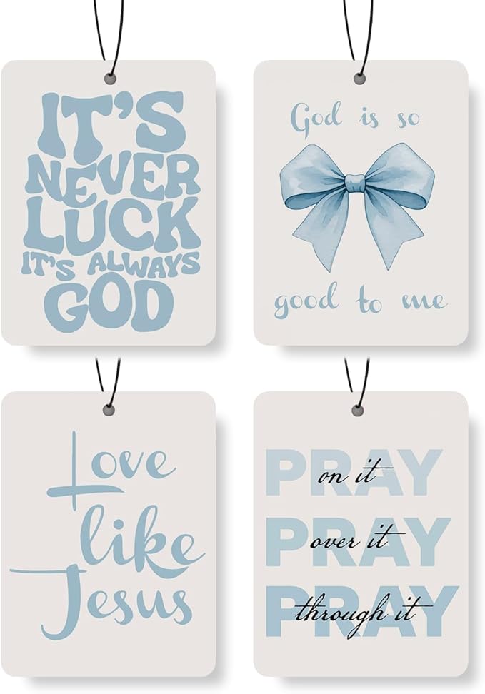 Christian Faith Car Air Freshener 4Pcs, Gray Blue Inspirational Quotes & Bow Hanging Scents for Car Lovers, Bible Quote Gift Air Freshener Hanging in Car Wardrobe Drawer or Book.