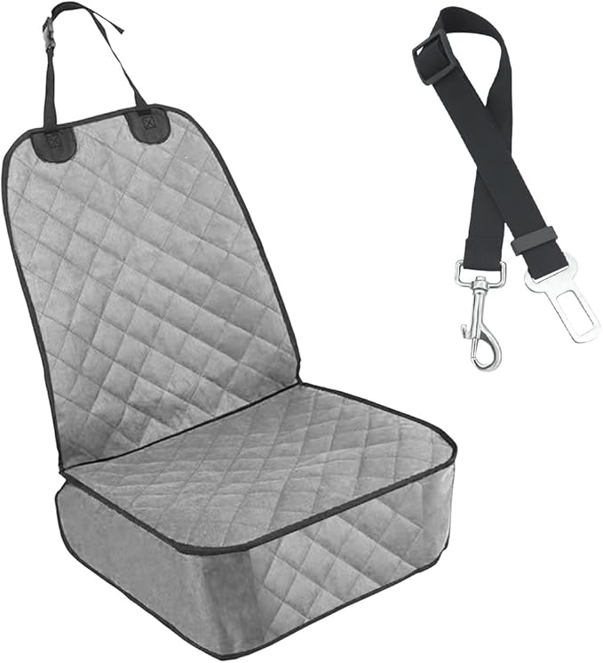 Dog Car Front Seat Cover with Side Flaps, Waterproof & Scratch Proof Car Seat Protector for Dog, Nonslip Pet Car Seat Pad with Safety Belt, Fit for Most Cars SUVs Trucks Jeeps (Grey)