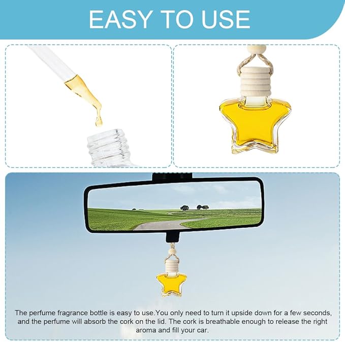 5PCS Hanging Car Air Freshener, Car Air Freshener Diffuser, 8ml Empty Glass Auto Oil Perfume Aromatherapy Diffuser Charms, Refillable Perfume Bottles for Most Vehicles (Star, Style 1)