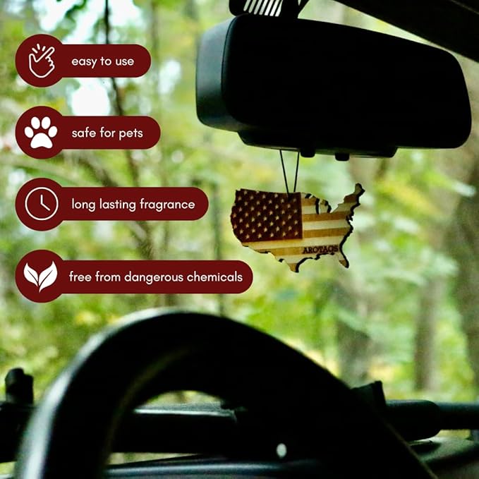 Arotags Reusable Wood Car Air Freshener, Backwoods Birch Scent, USA Flag Design, Hanging Diffuser with Fragrance Oil Refill