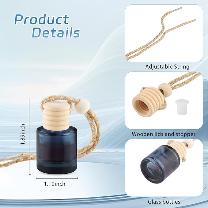 24 Pcs Black Car Hanging Air Fresheners Empty Glass Diffuser Bottles Pendant Perfume Bottle For Essential Oil Fragrance Aromatherapy Auto Interior Ornaments Decor (Cylinder-Black)