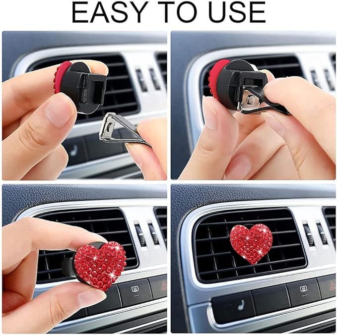 5 Pcs Bling Red Lips Air Vent Clips, Heart Shape Crystal Car Air Vent Clip Charms Car Air Fresheners for Women Rhinestone Diffuser Vent Clip Cute Car Decor Bling Car Accessories for Women (Red hearts)